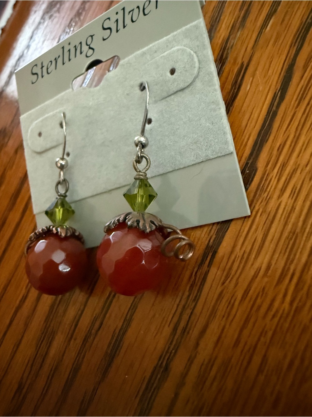 Natural Carnelian Bead Drop Earrings with Olive Swarovski Crystal Accent Pumpkin